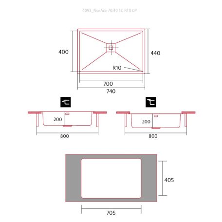 NODOR - Mosogatótálca NorAce 70.40 1C R10 CP inox munkalapra és alá is szerelhető