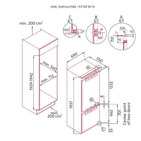 NODOR - Beépíthető hűtőszekrény NorFrost HAIL-193 TNF BI 70