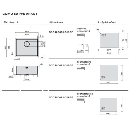 FALMEC - Mosogatótálca Como 50 GOLD PVD arany munkalapra, munkalap alá és szintbe is szerelhető - Kiállított bemutató termék!